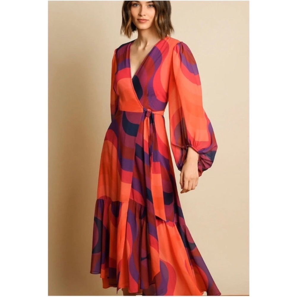 Anthropologie Orange Purple Wrap Maxi Dress